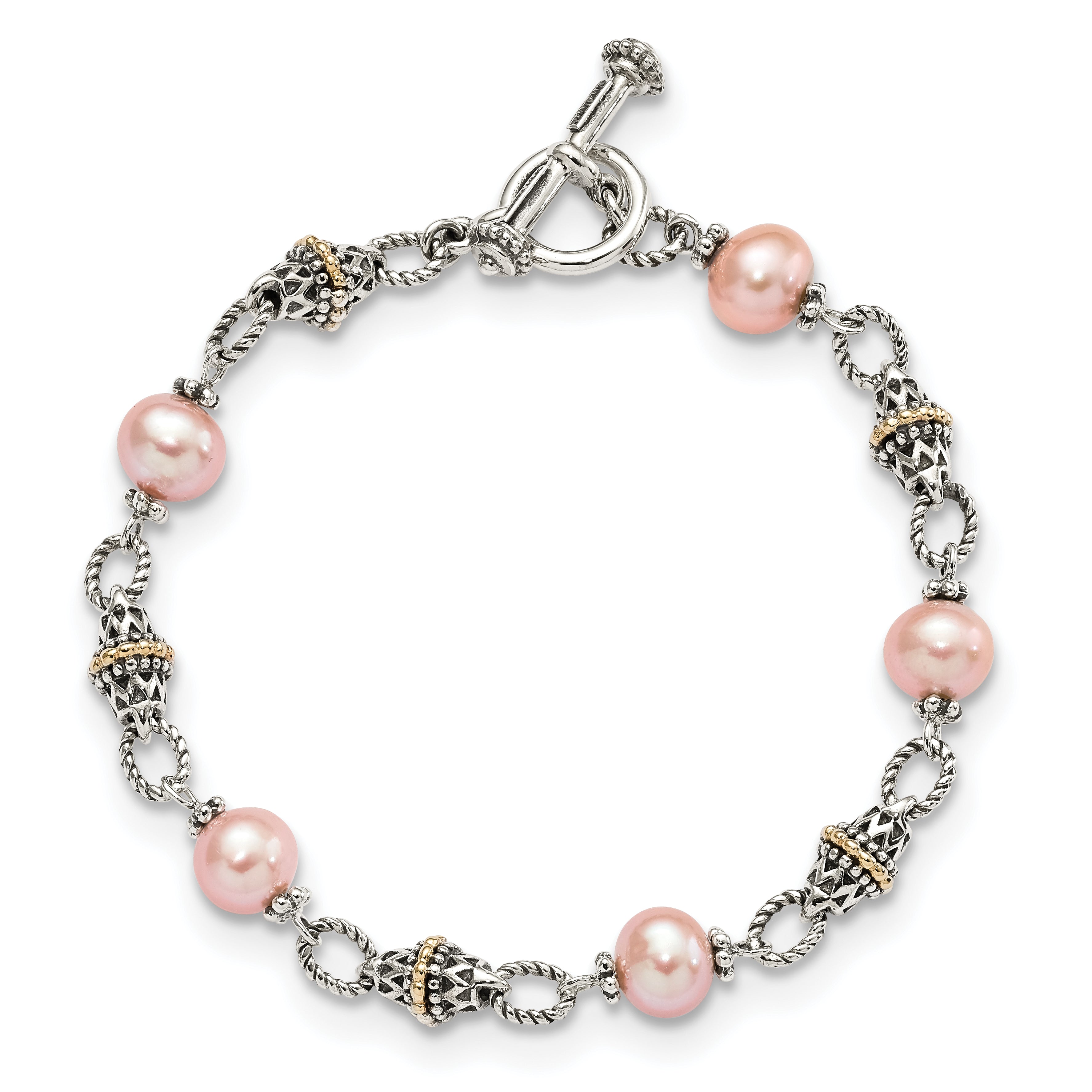 Shey Couture Sterling Silver with 14K Accent 7.5 Inch Antiqued 9-10mm Freshwater Cultured Pink Pearl Bracelet