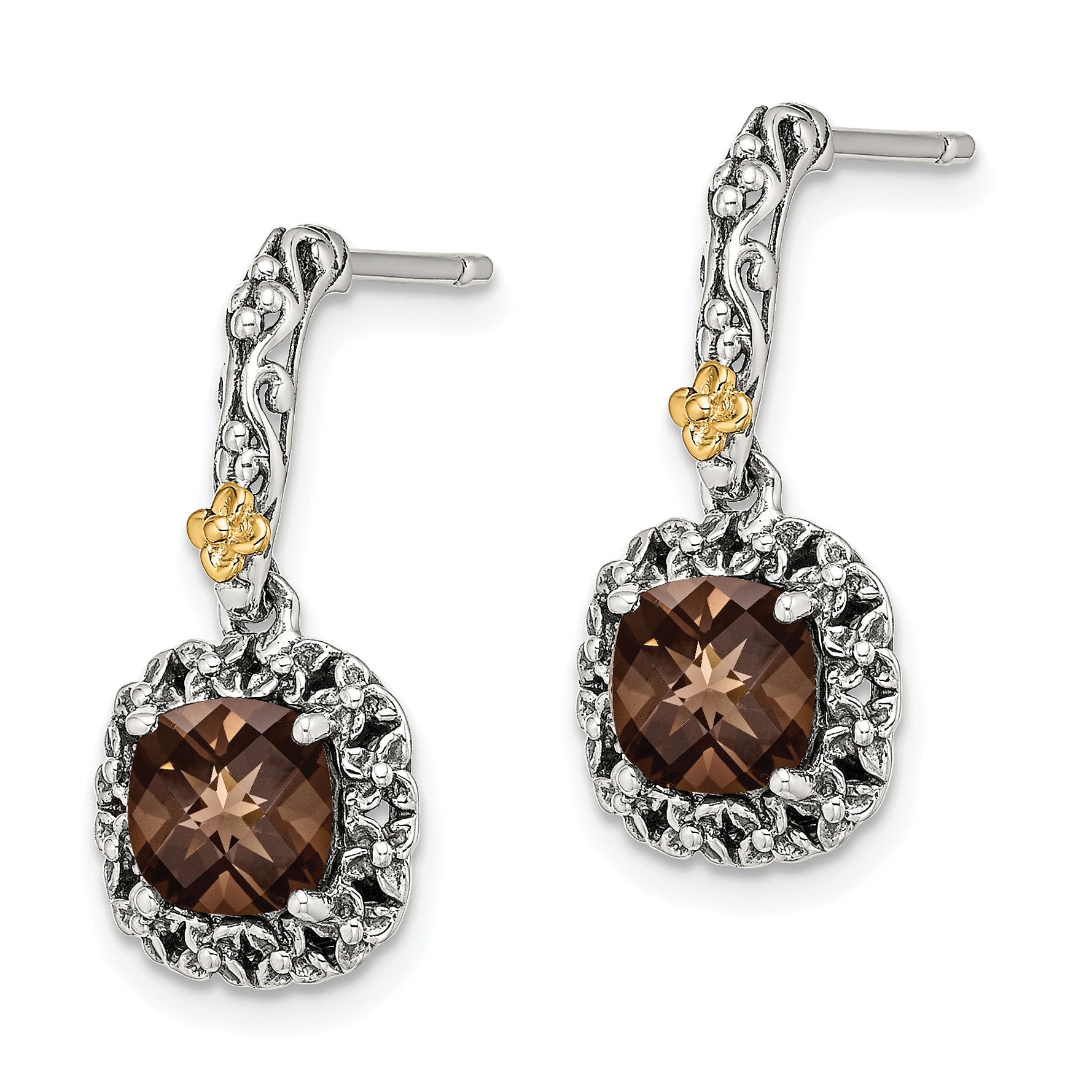 Shey Couture Sterling Silver with 14K Accent Antiqued Cushion Checkerboard Smoky Quartz Dangle Post Earrings