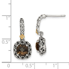 Shey Couture Sterling Silver with 14K Accent Antiqued Cushion Checkerboard Smoky Quartz Dangle Post Earrings