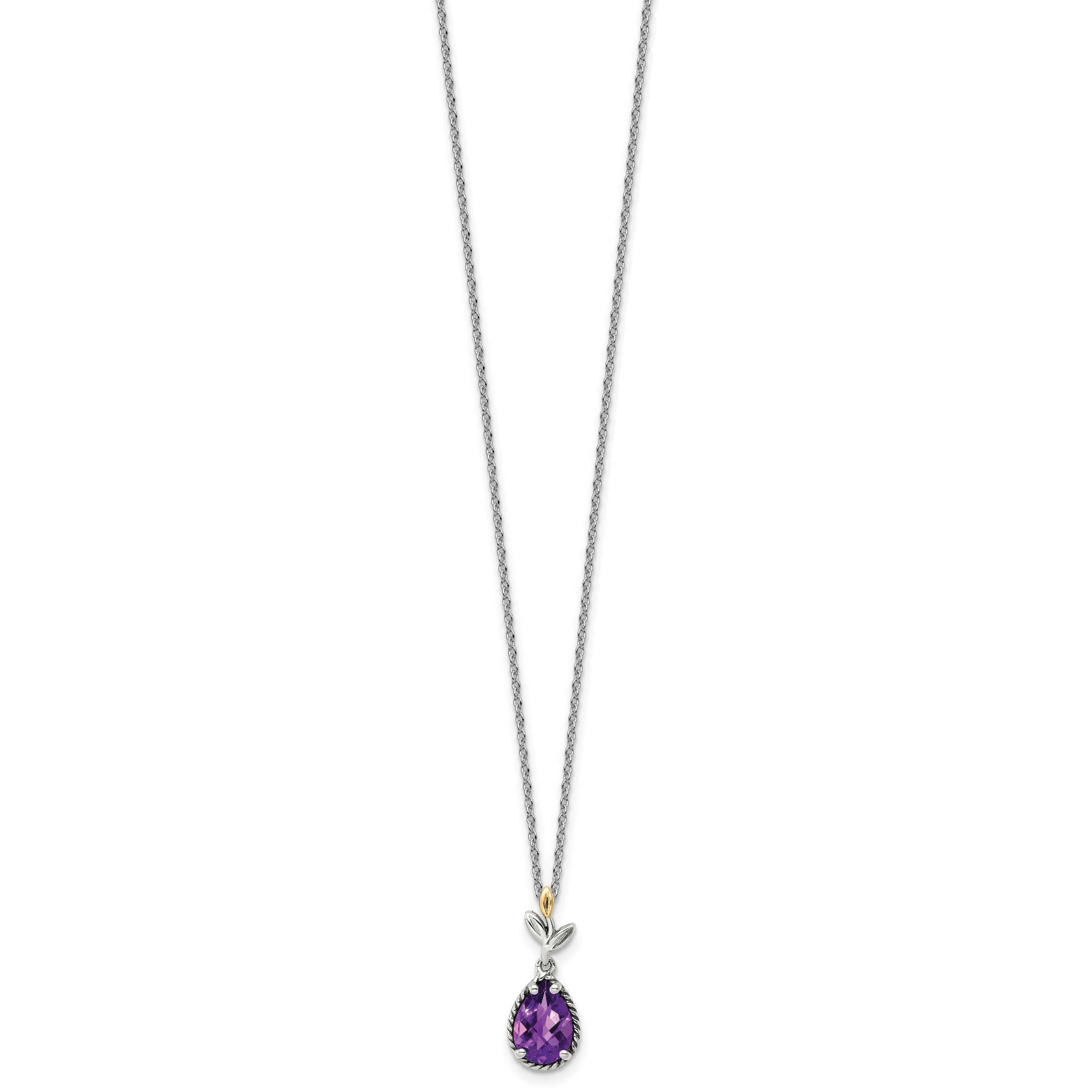 Shey Couture Sterling Silver with 14K Accent 18 Inch Leaves with Checkrboard Pear Shaped Amethyst Necklace with 2 Inch Extender