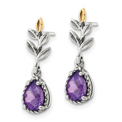 Shey Couture Sterling Silver with 14K Accent Leaves with Pear Shaped Checkerboard Amethyst Dangle Post Earrings