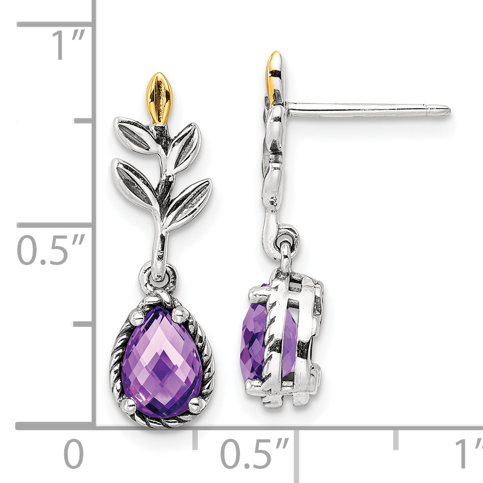 Shey Couture Sterling Silver with 14K Accent Leaves with Pear Shaped Checkerboard Amethyst Dangle Post Earrings