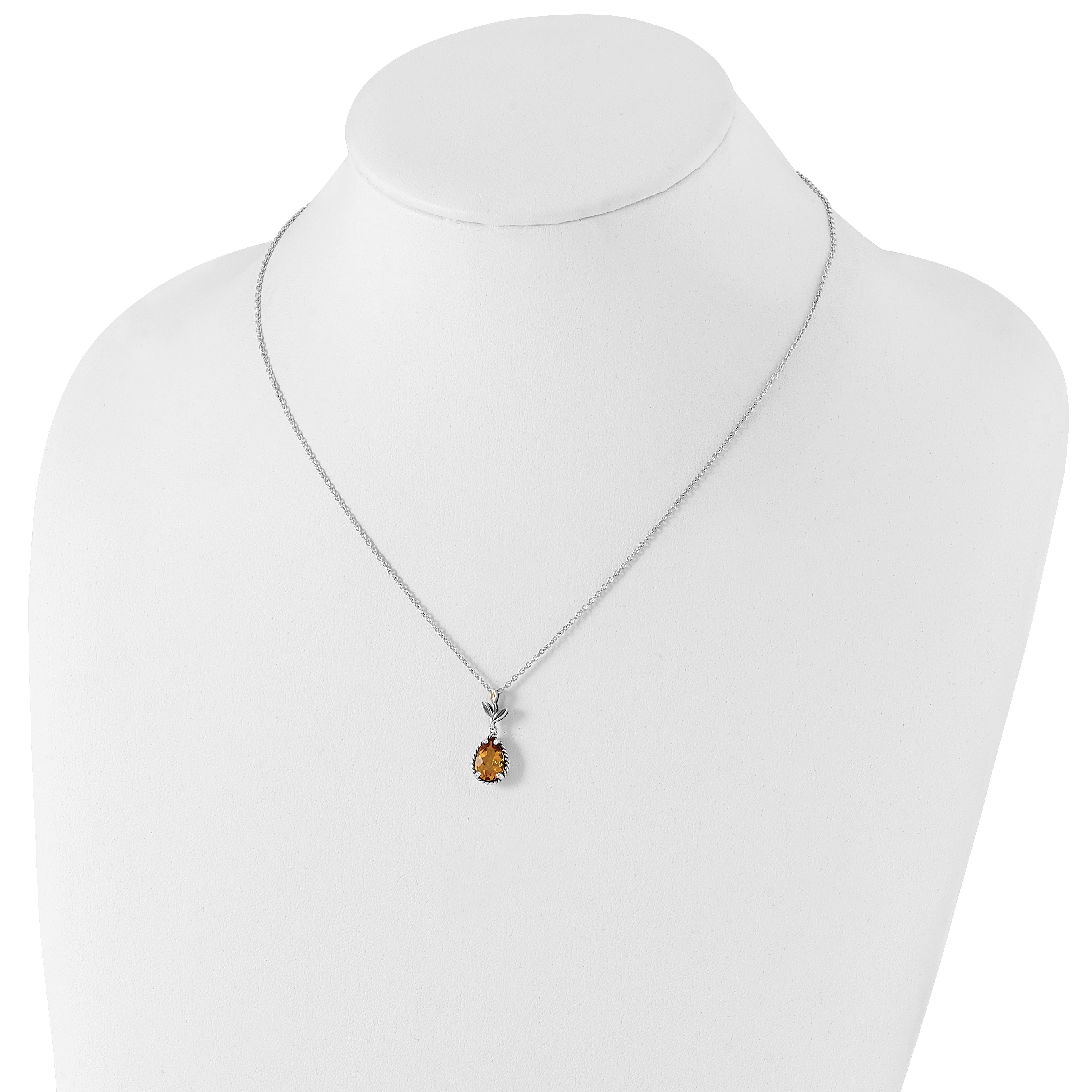 Shey Couture Sterling Silver with 14K Accent 18 Inch Antiqued Leaves Pear Shaped Citrine Necklace