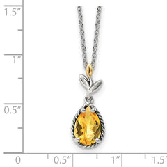 Shey Couture Sterling Silver with 14K Accent 18 Inch Antiqued Leaves Pear Shaped Citrine Necklace