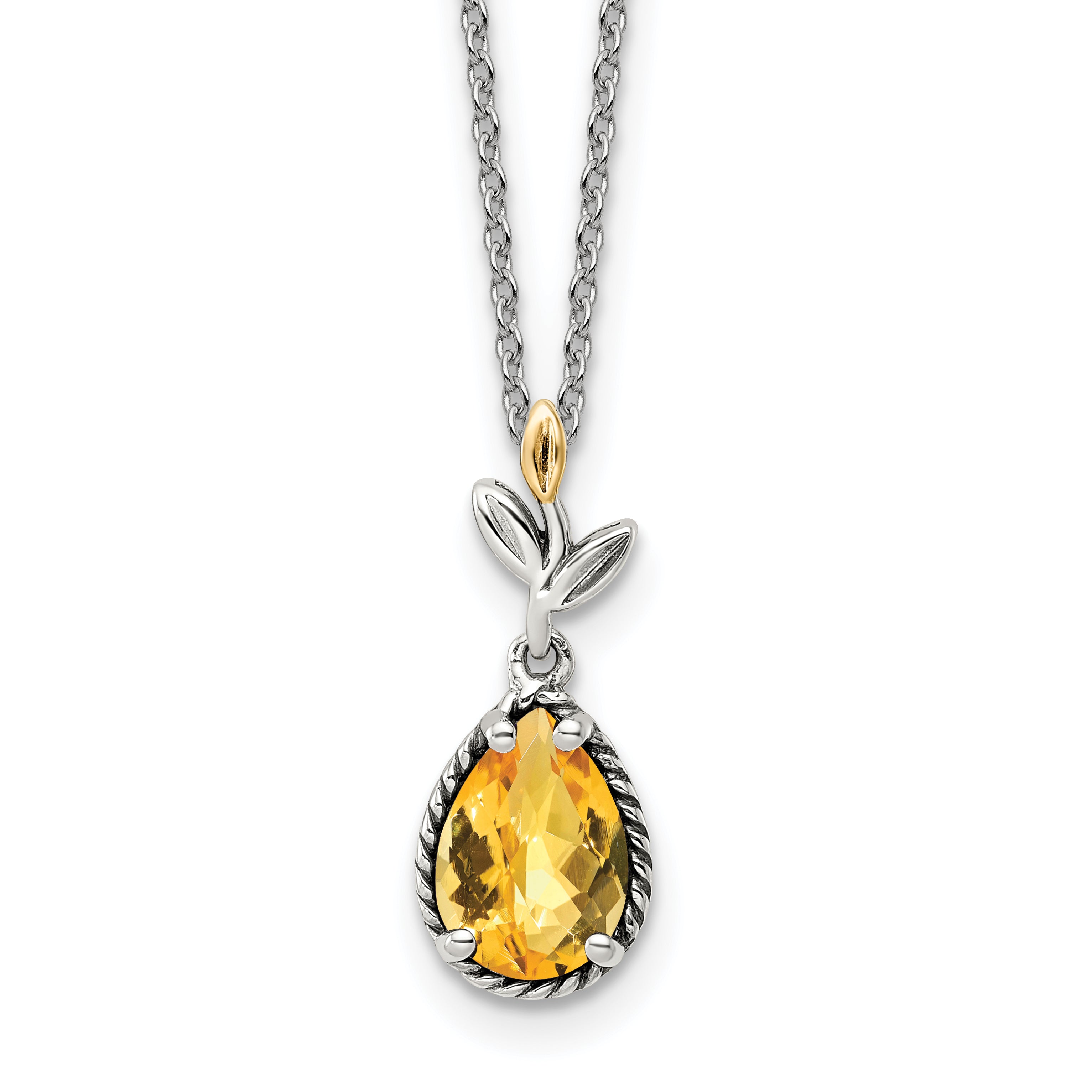 Shey Couture Sterling Silver with 14K Accent 18 Inch Antiqued Leaves Pear Shaped Citrine Necklace