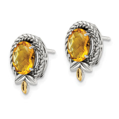 Shey Couture Sterling Silver with 14K Accent Antiqued Braided Oval Citrine Post Earrings