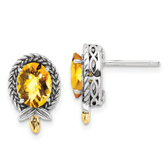 Shey Couture Sterling Silver with 14K Accent Antiqued Braided Oval Citrine Post Earrings