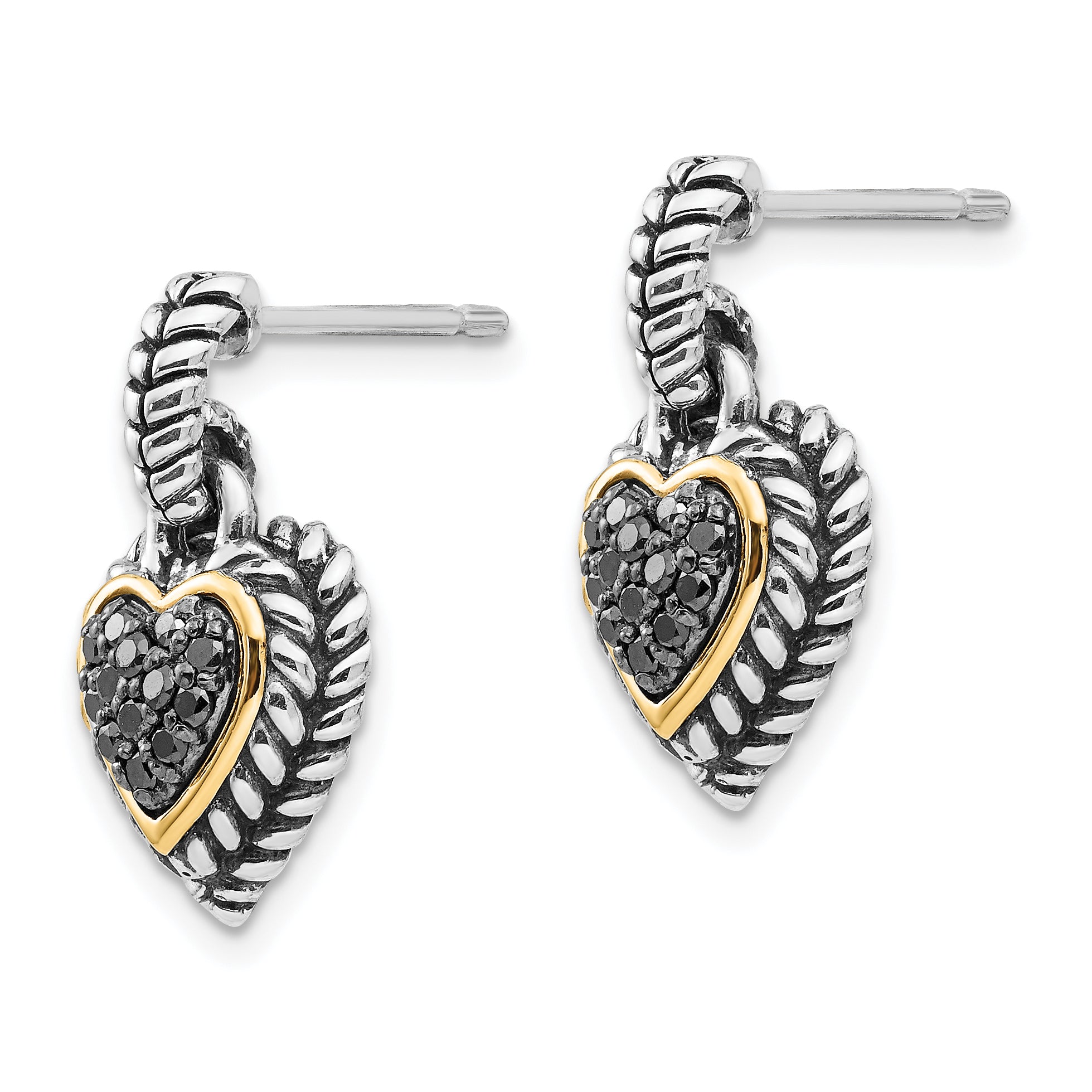 Shey Couture Sterling Silver with 14K Accent Antiqued Black Diamond Dangle Post Heart Earrings