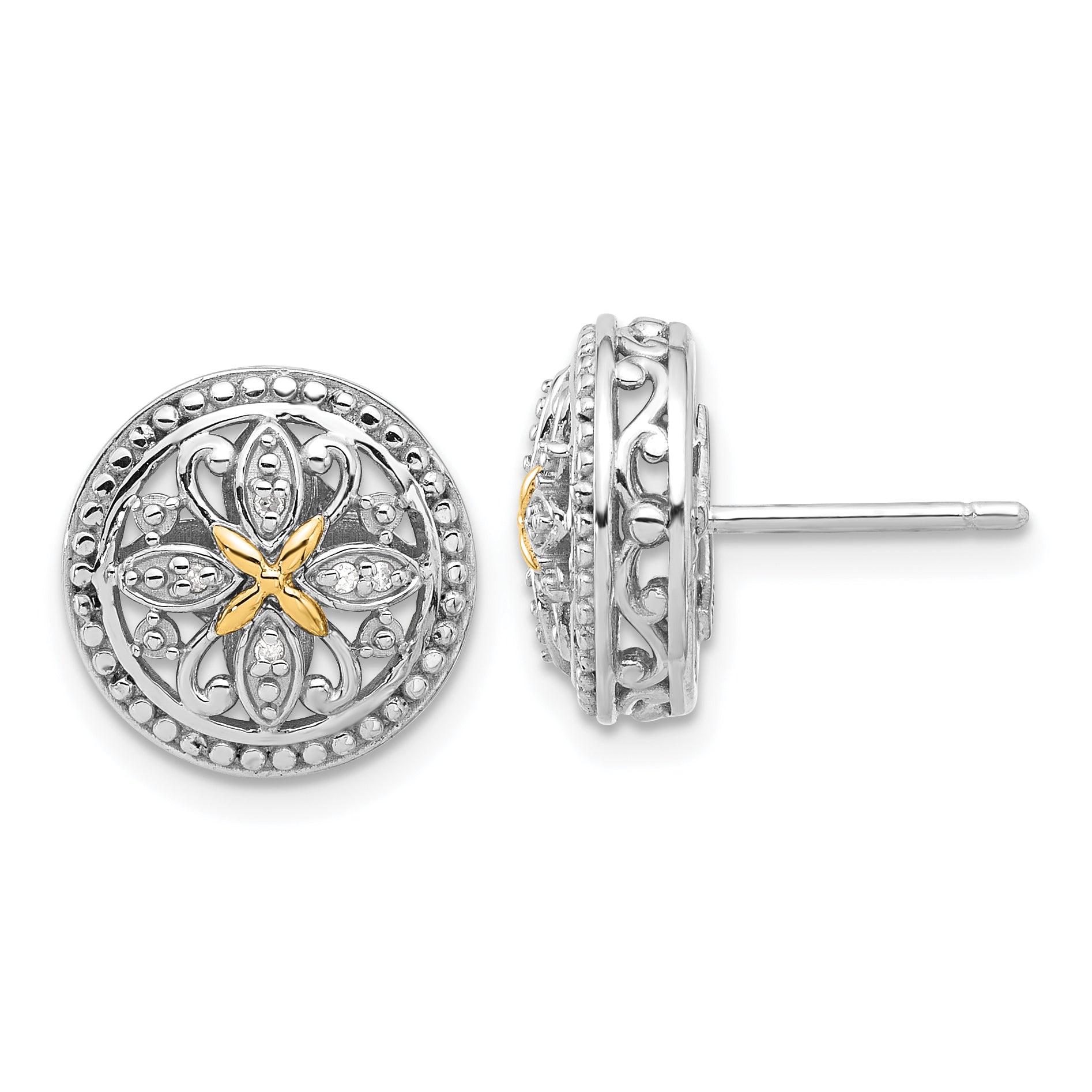 Shey Couture Sterling Silver Rhodium-plated with 14K -X- Accent Diamond Round Post Earrings