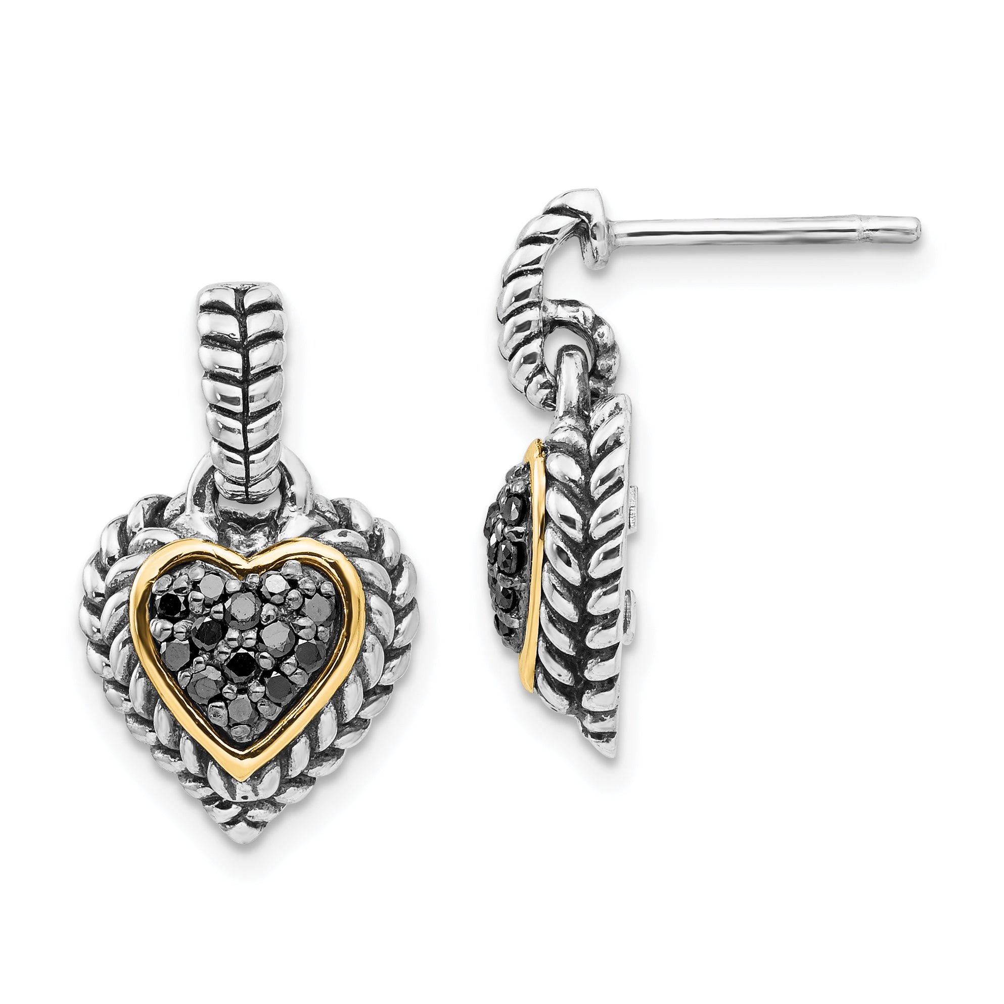 Shey Couture Sterling Silver with 14K Accent Antiqued Black Diamond Dangle Post Heart Earrings