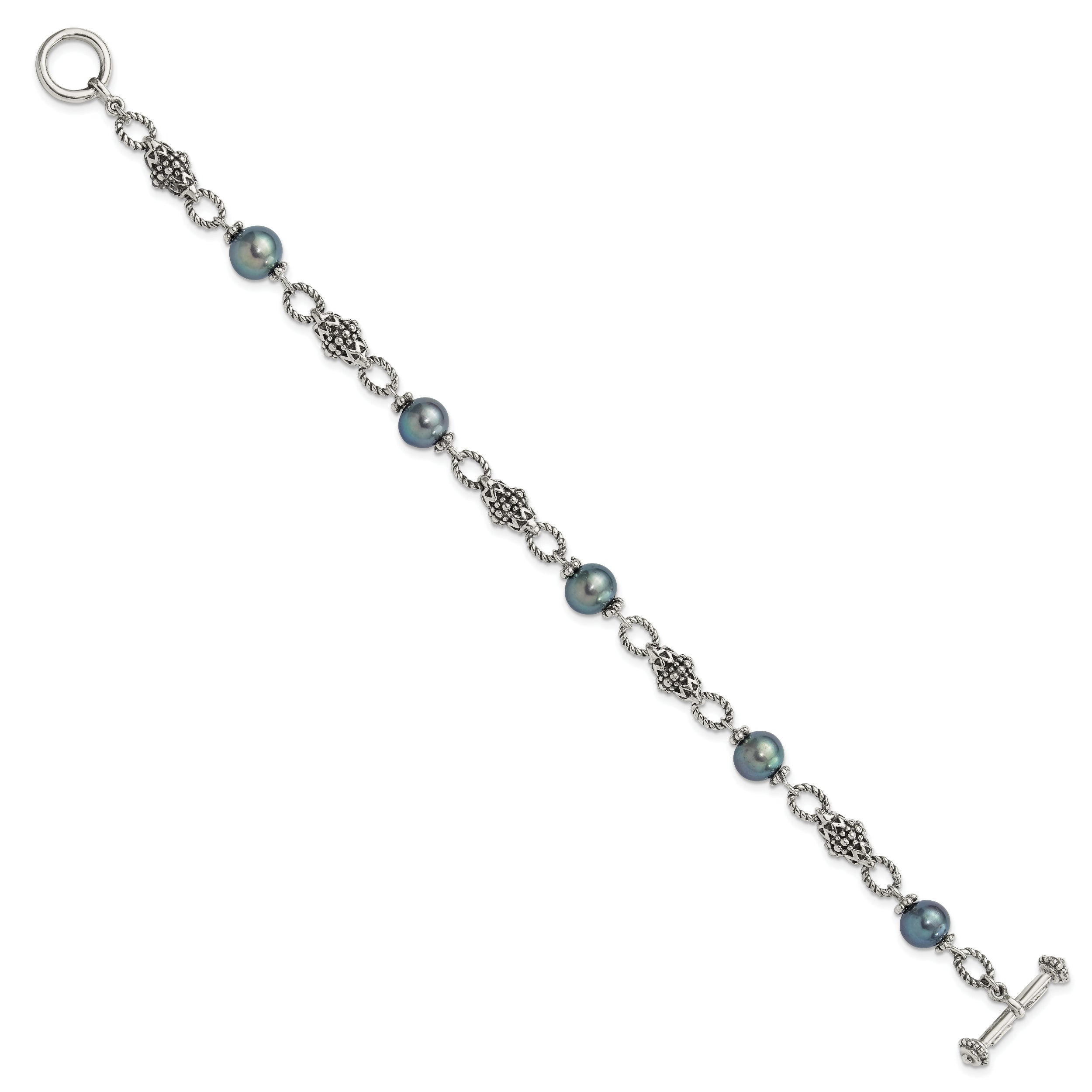 Shey Couture Sterling Silver Antiqued 8-8.5mm Freshwater Cultured Black Pearl 8 inch Toggle Bracelet