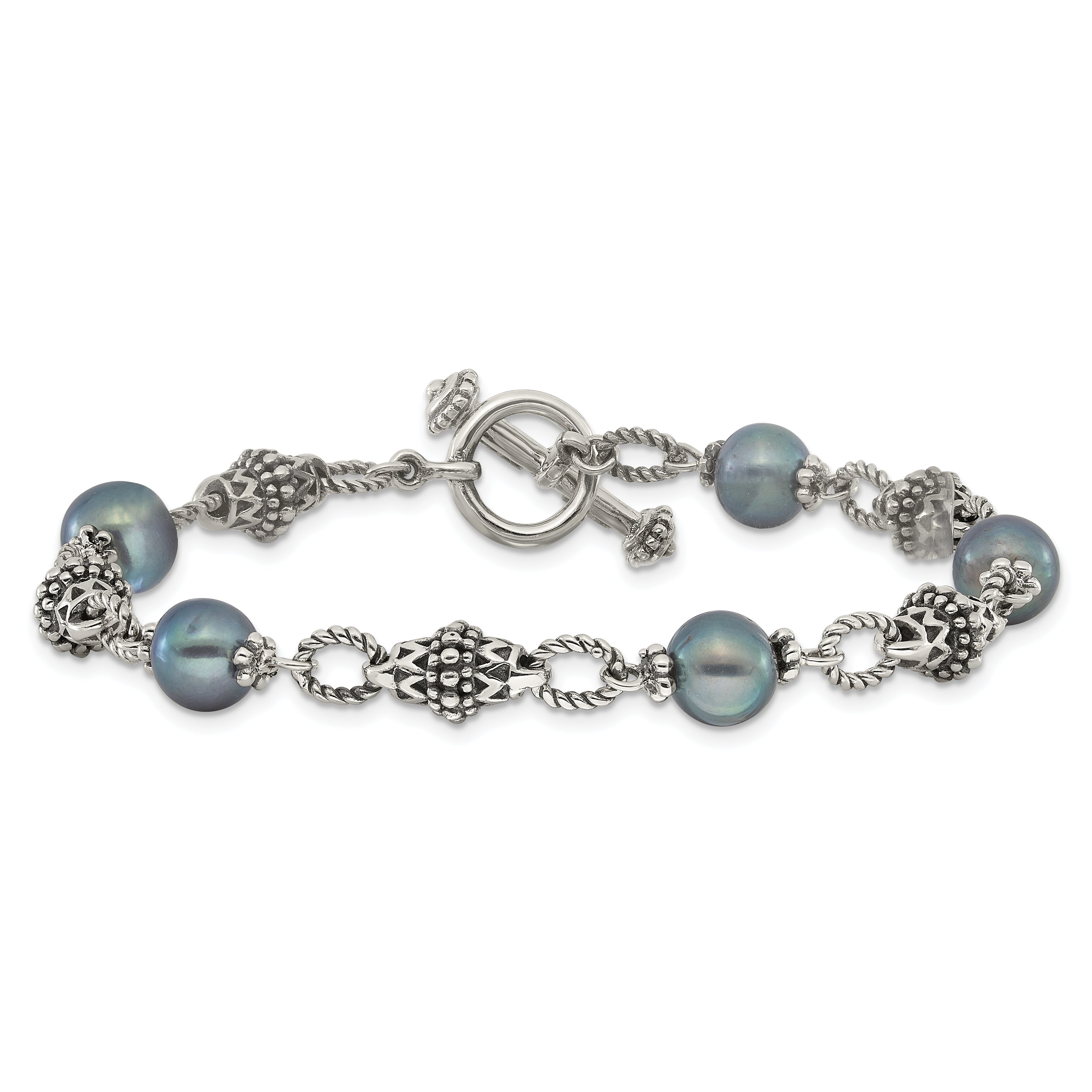 Shey Couture Sterling Silver Antiqued 8-8.5mm Freshwater Cultured Black Pearl 8 inch Toggle Bracelet