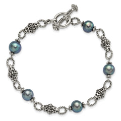 Shey Couture Sterling Silver Antiqued 8-8.5mm Freshwater Cultured Black Pearl 8 inch Toggle Bracelet