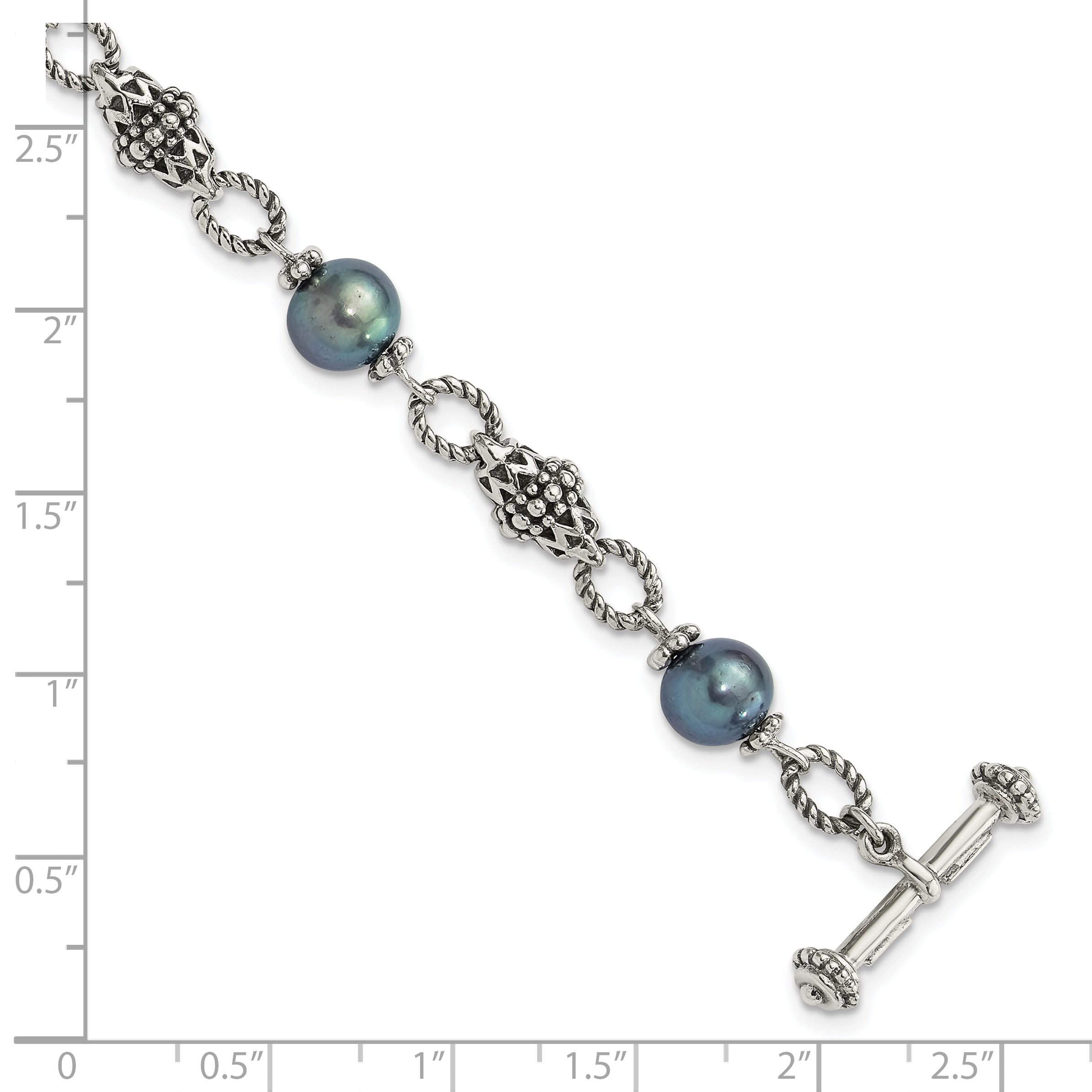 Shey Couture Sterling Silver Antiqued 8-8.5mm Freshwater Cultured Black Pearl 8 inch Toggle Bracelet