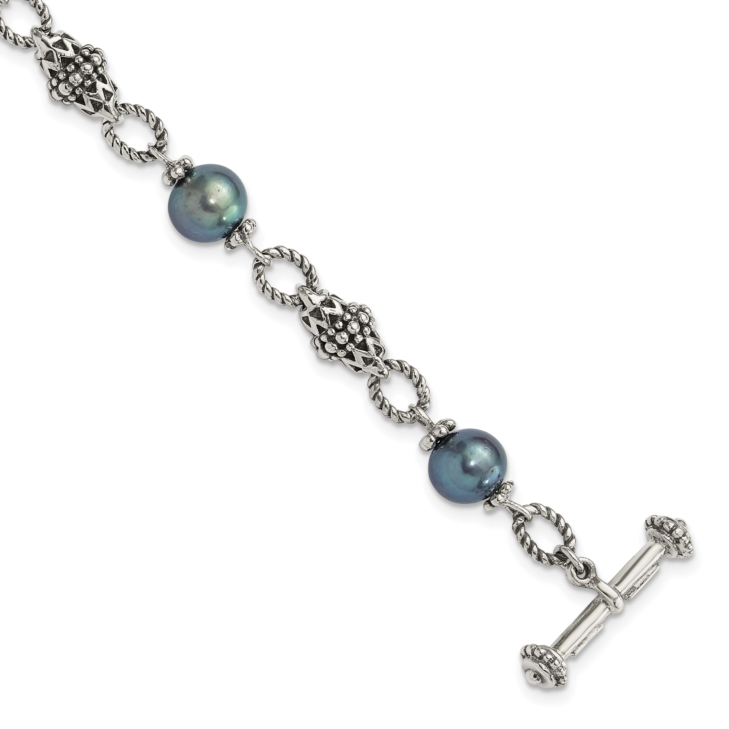 Shey Couture Sterling Silver Antiqued 8-8.5mm Freshwater Cultured Black Pearl 8 inch Toggle Bracelet