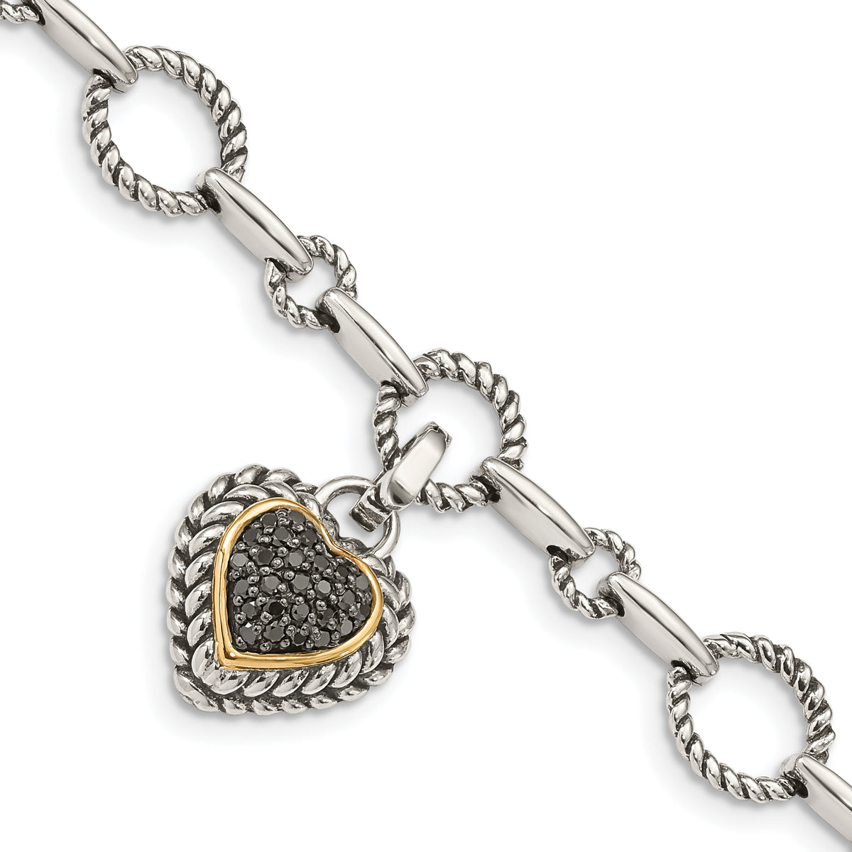 Shey Couture Sterling Silver with 14K Accent 8 Inch Antiqued Black Diamond Heart Link Bracelet