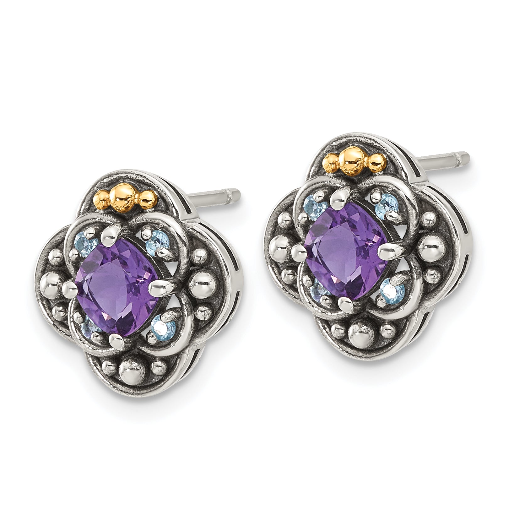 Shey Couture Sterling Silver with 14k Accent Antiqued .91 Amethyst / .11Swiss Blue Topaz Post Earrings