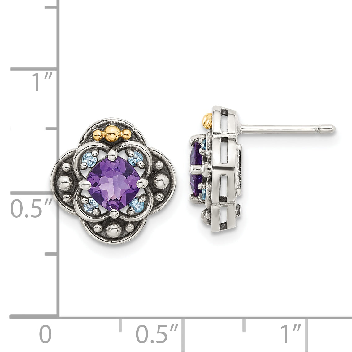 Shey Couture Sterling Silver with 14k Accent Antiqued .91 Amethyst / .11Swiss Blue Topaz Post Earrings