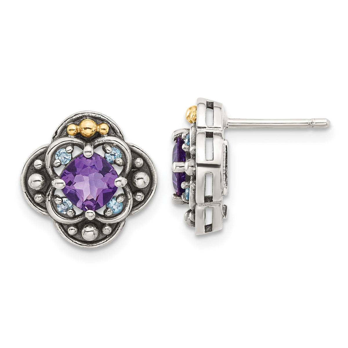 Shey Couture Sterling Silver with 14k Accent Antiqued .91 Amethyst / .11Swiss Blue Topaz Post Earrings