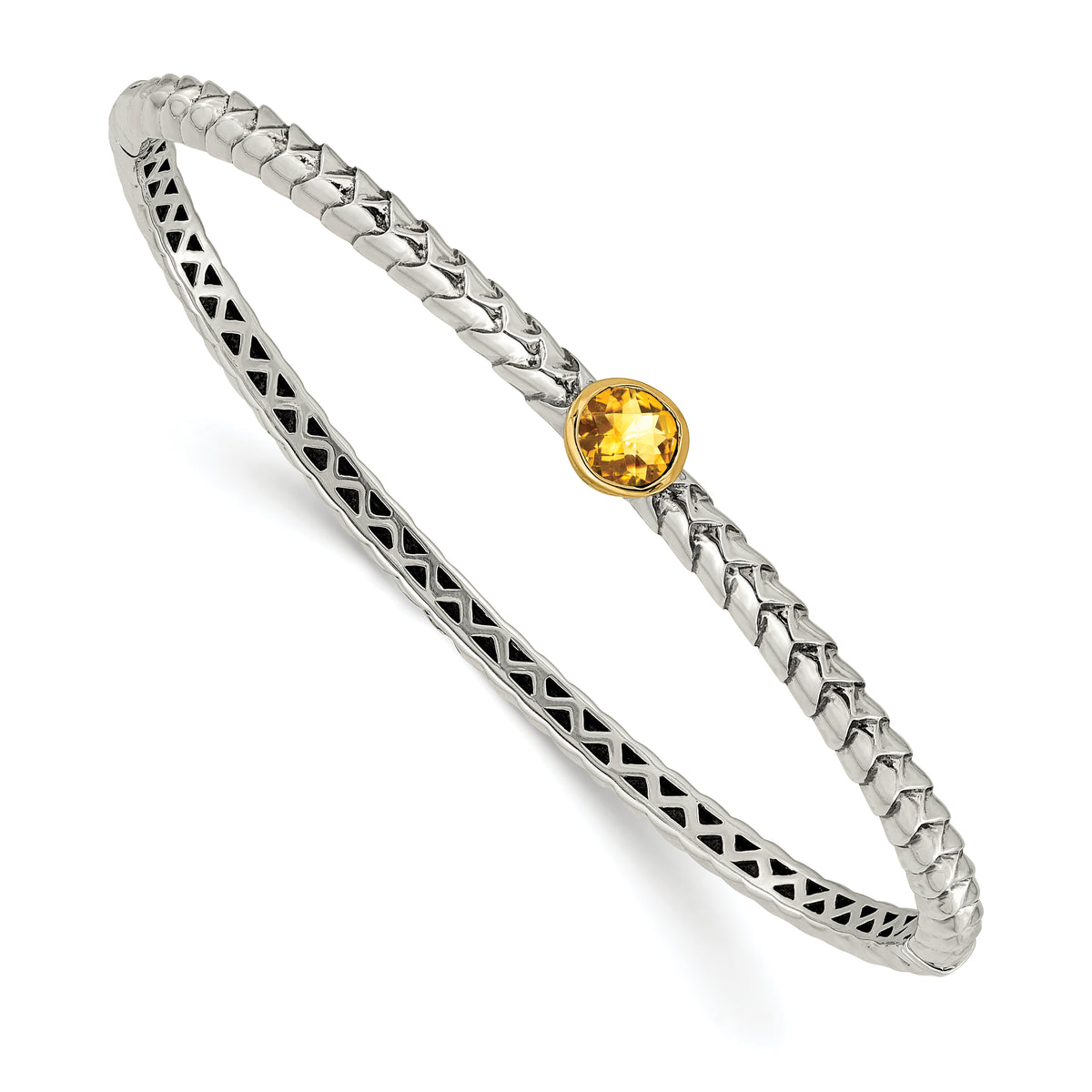 Shey Couture Sterling Silver Antiqued with 14K Accent Round Bezel Citrine Hinged Bangle Bracelet