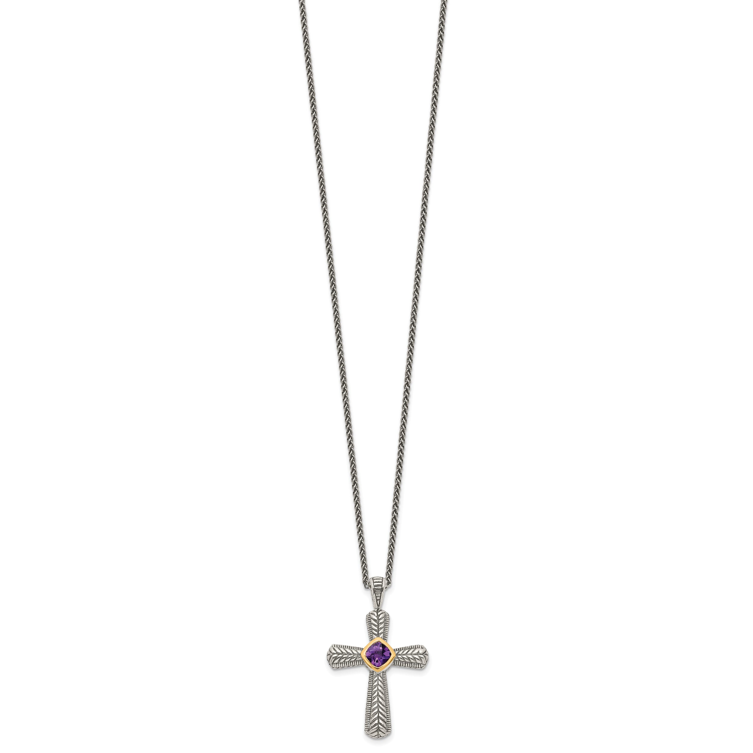 Shey Couture Sterling Silver with 14K Accent 18 Inch Antiqued Cushion Bezel Amethyst Cross Necklace