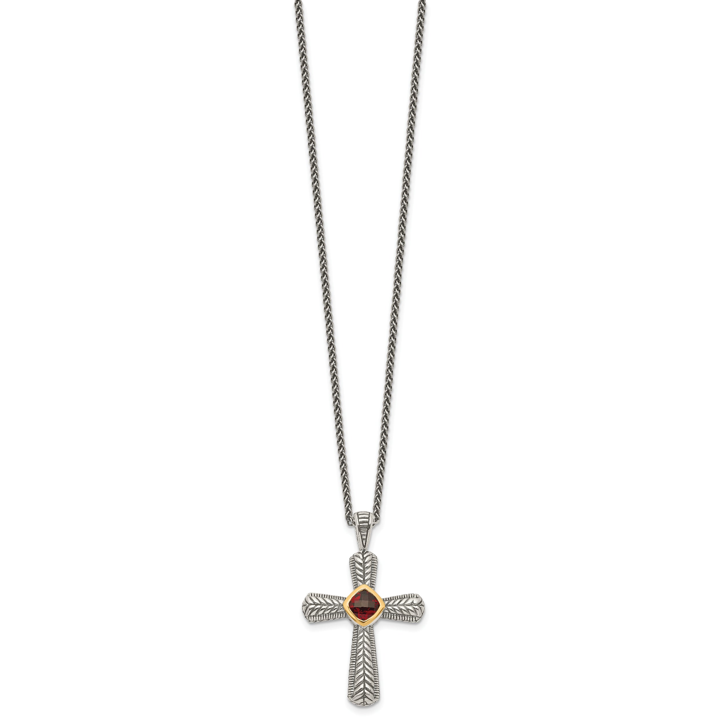 Shey Couture Sterling Silver with 14K Accent 18 Inch Antiqued Checkerboard Cusion Bezel Garnet Cross Necklace