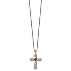 Shey Couture Sterling Silver with 14K Accent 18 Inch Antiqued Checkerboard Cusion Bezel Garnet Cross Necklace