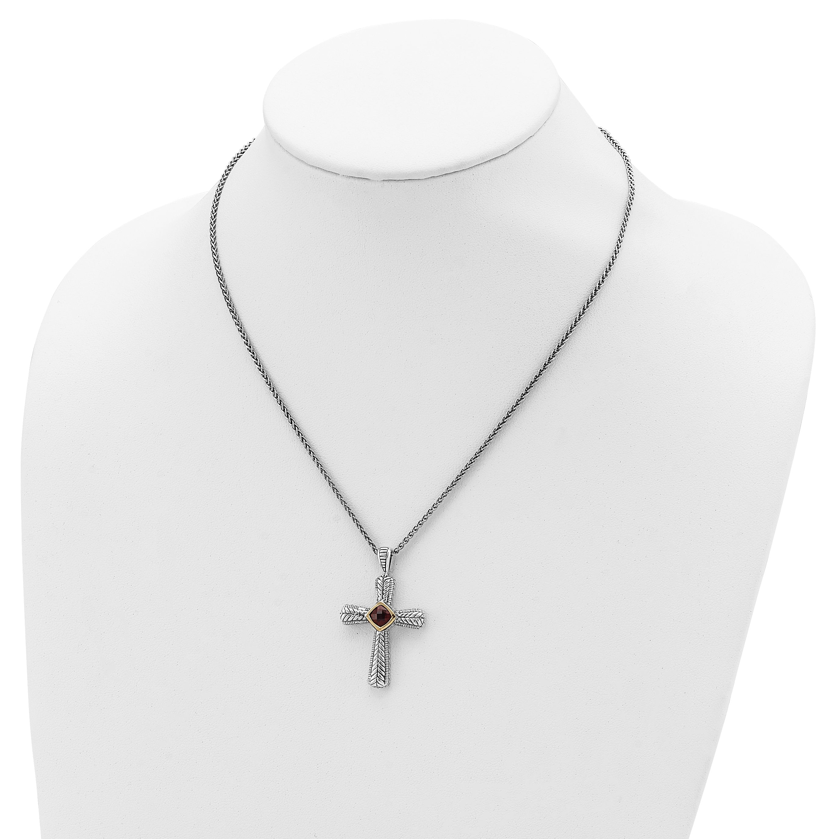 Shey Couture Sterling Silver with 14K Accent 18 Inch Antiqued Checkerboard Cusion Bezel Garnet Cross Necklace