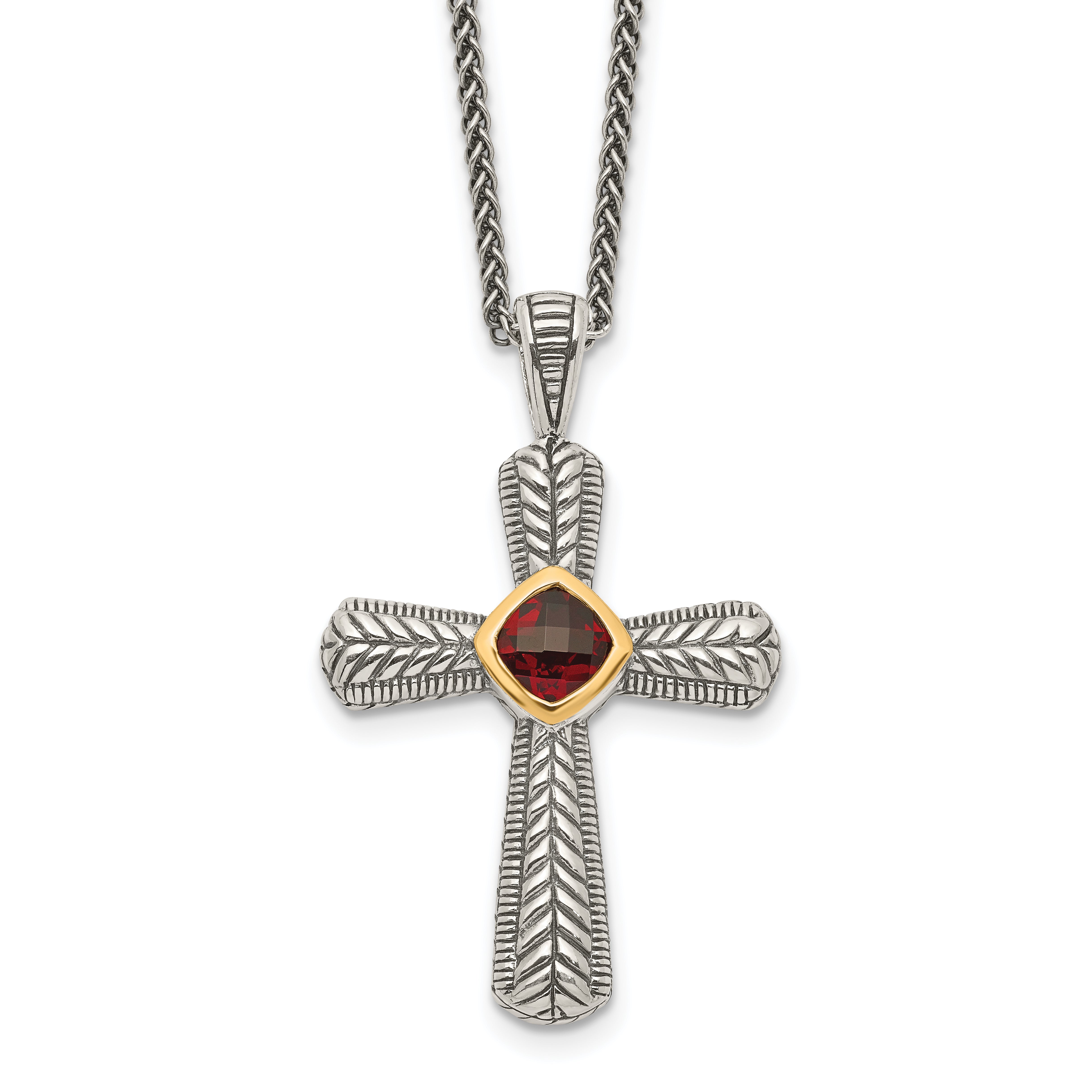 Shey Couture Sterling Silver with 14K Accent 18 Inch Antiqued Checkerboard Cusion Bezel Garnet Cross Necklace