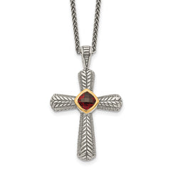 Shey Couture Sterling Silver with 14K Accent 18 Inch Antiqued Checkerboard Cusion Bezel Garnet Cross Necklace