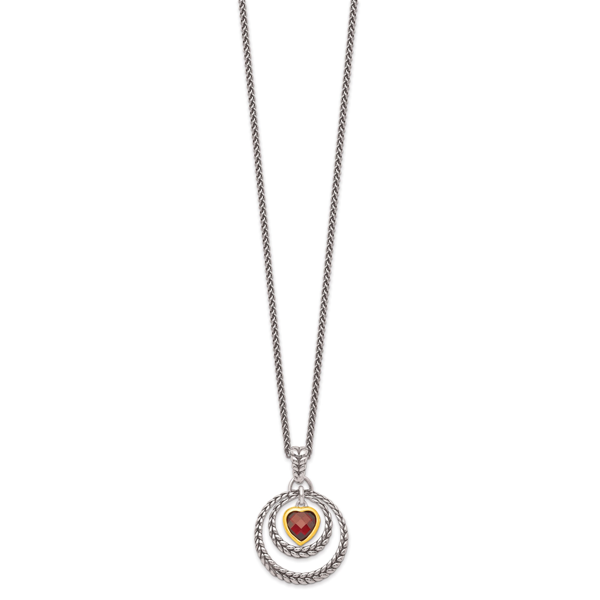 Shey Couture Sterling Silver Gold-tone Flash Gold-plated 18 Inch Antiqued Checkerboard Garnet Heart Necklace