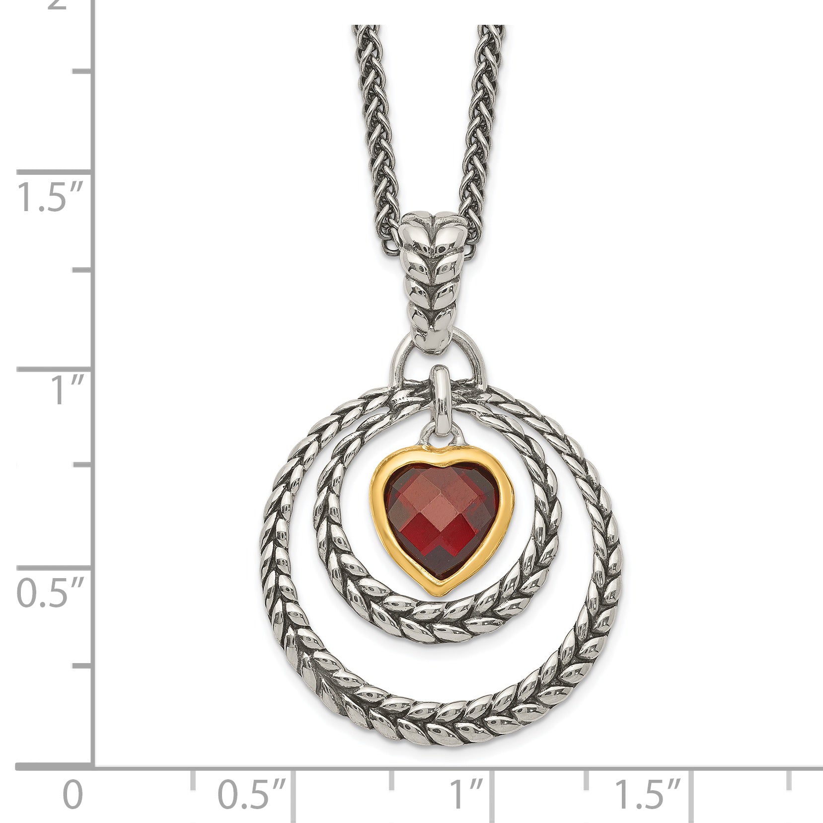 Shey Couture Sterling Silver Gold-tone Flash Gold-plated 18 Inch Antiqued Checkerboard Garnet Heart Necklace