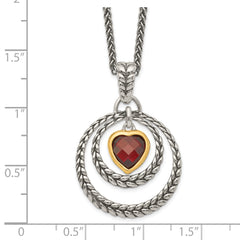 Shey Couture Sterling Silver Gold-tone Flash Gold-plated 18 Inch Antiqued Checkerboard Garnet Heart Necklace