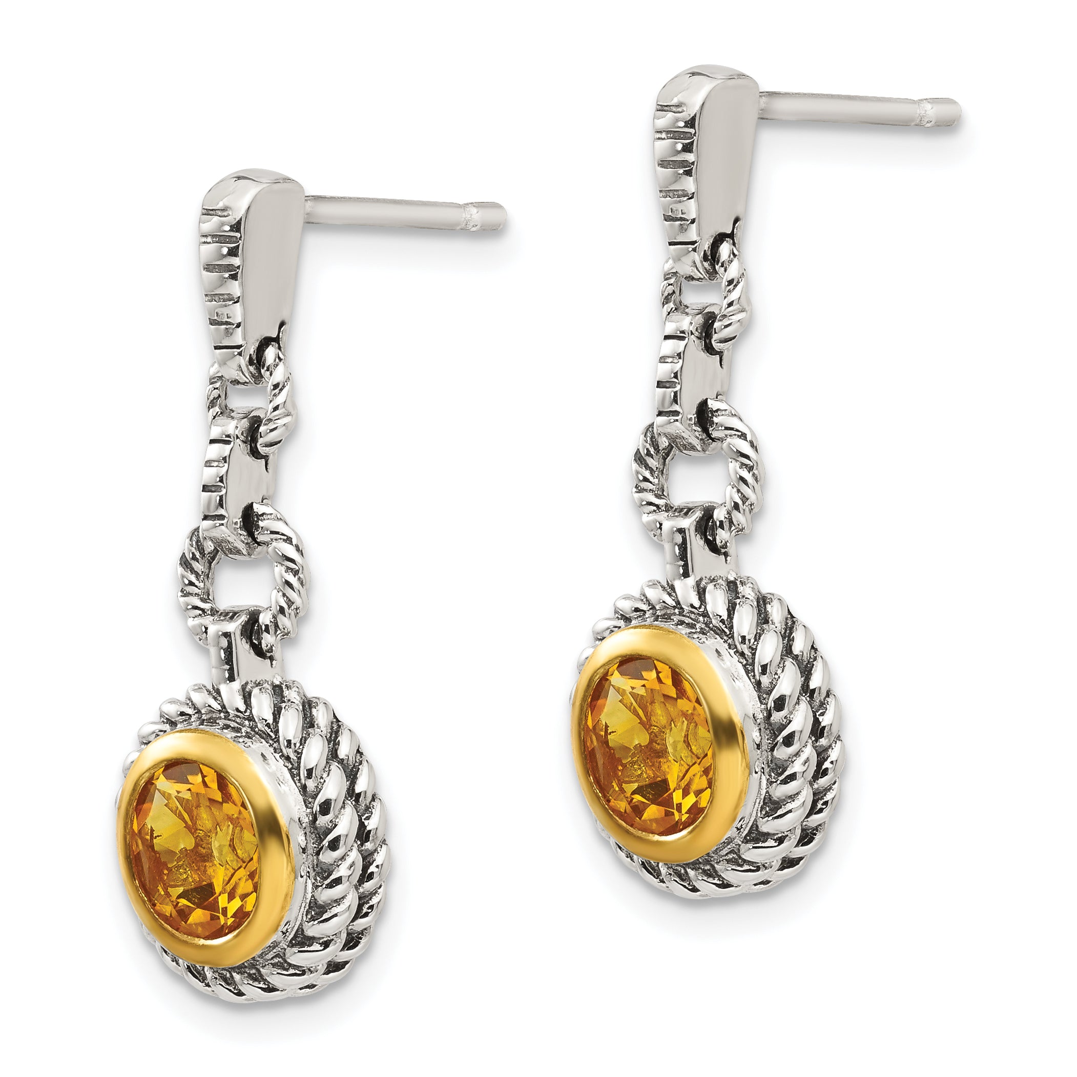 Shey Couture Sterling Silver Gold-tone Flash Gold-plated Antiqued Round Bezel Citrine Post Dangle Earrings