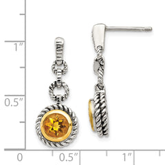 Shey Couture Sterling Silver Gold-tone Flash Gold-plated Antiqued Round Bezel Citrine Post Dangle Earrings