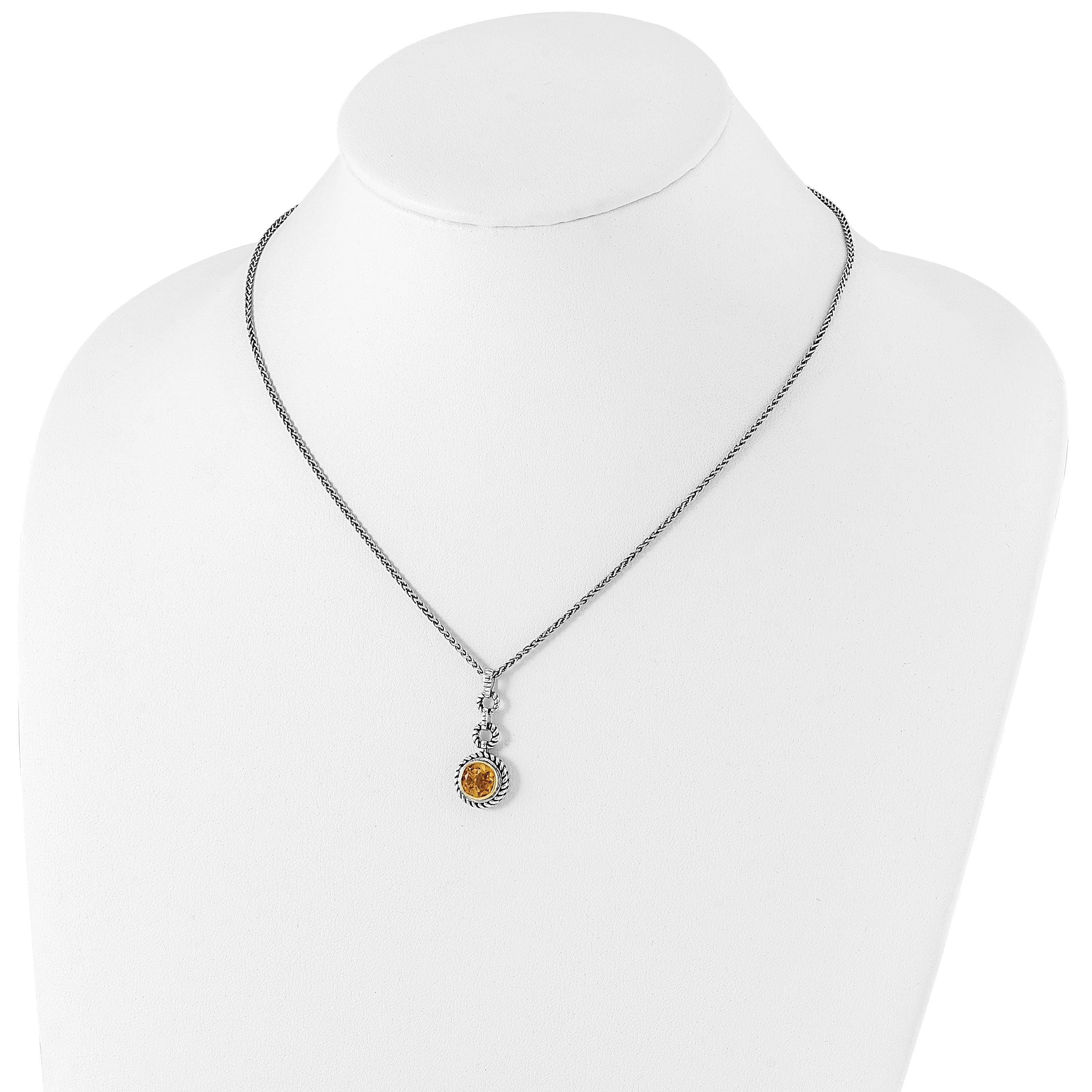 Shey Couture Sterling Silver Gold-tone Flash Gold-plated 18 Inch Antiqued Round Bezel Citrine Necklace