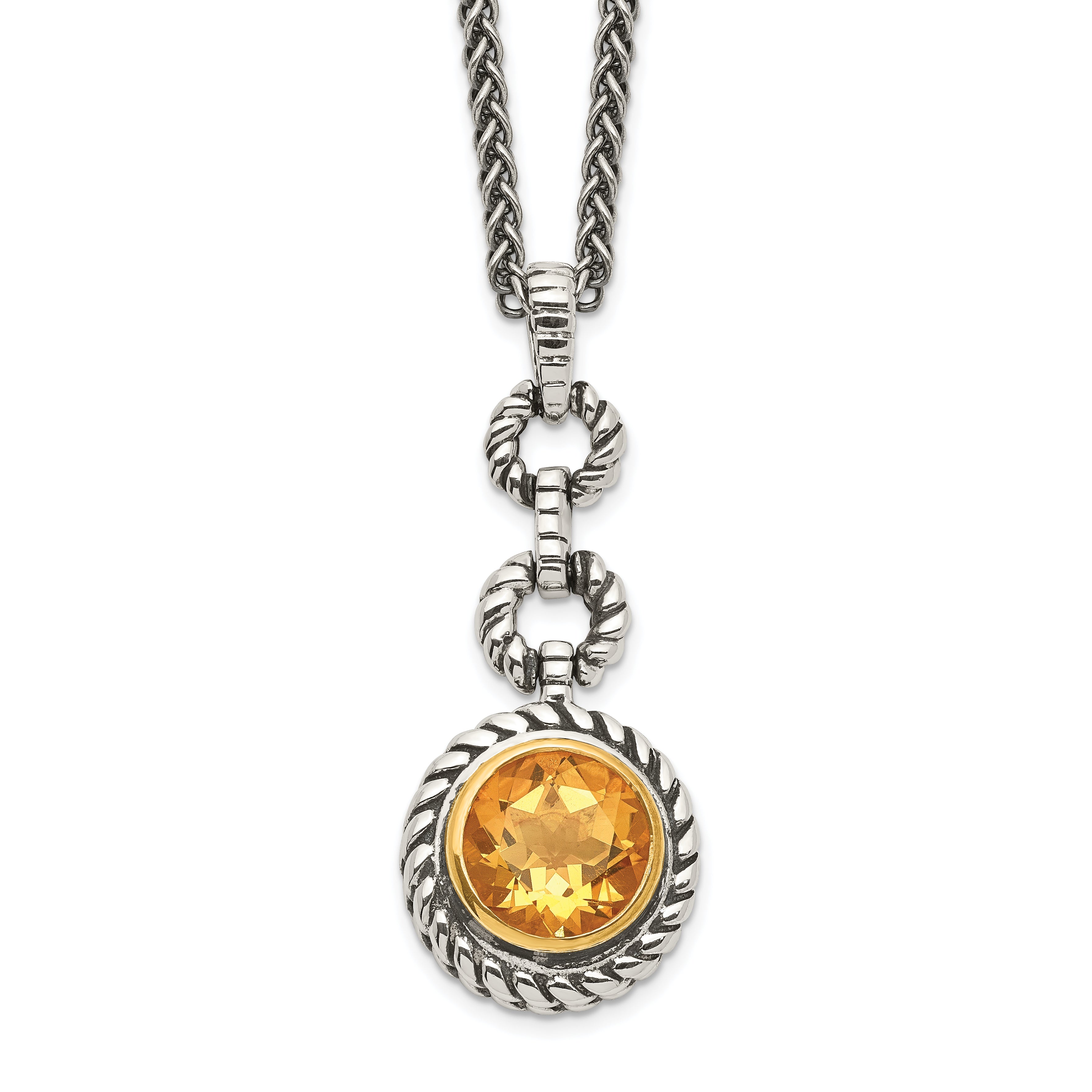 Shey Couture Sterling Silver Gold-tone Flash Gold-plated 18 Inch Antiqued Round Bezel Citrine Necklace