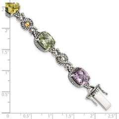 Shey Couture Sterling Silver with 14K Accent 7.25 Inch Antiqued Cushion 4.4Pink Quartz/4.4Green Quartz/4.4Lemon Quartz Bracelet