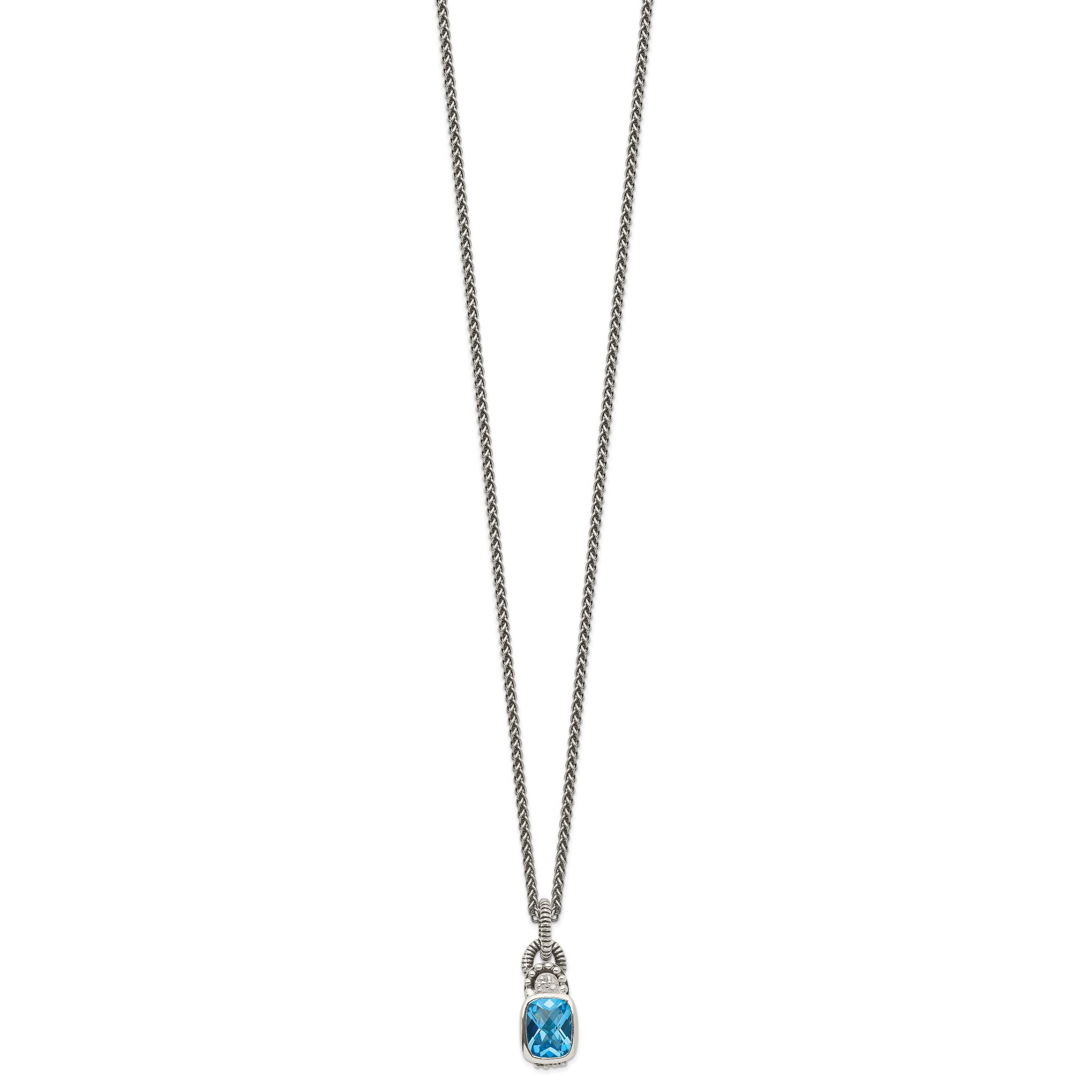 Shey Couture Sterling Silver 18 Inch Antiqued Cushion Bezel Sky Blue Topaz and Diamond Necklace