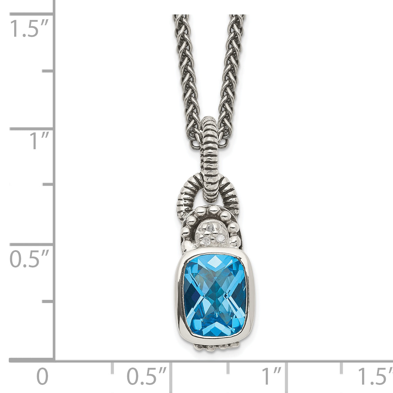 Shey Couture Sterling Silver 18 Inch Antiqued Cushion Bezel Sky Blue Topaz and Diamond Necklace