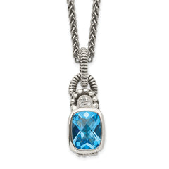 Shey Couture Sterling Silver 18 Inch Antiqued Cushion Bezel Sky Blue Topaz and Diamond Necklace