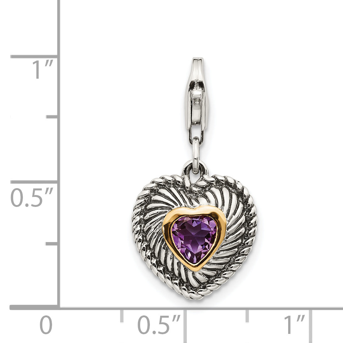 Shey Couture Sterling Silver with 14K Accent Antiqued Amethyst Antiqued Heart with Lobster Clasp Charm