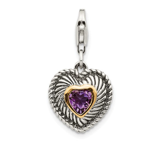 Shey Couture Sterling Silver with 14K Accent Antiqued Amethyst Antiqued Heart with Lobster Clasp Charm