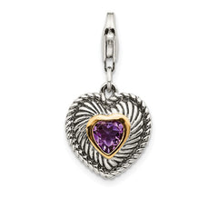 Shey Couture Sterling Silver with 14K Accent Antiqued Amethyst Antiqued Heart with Lobster Clasp Charm