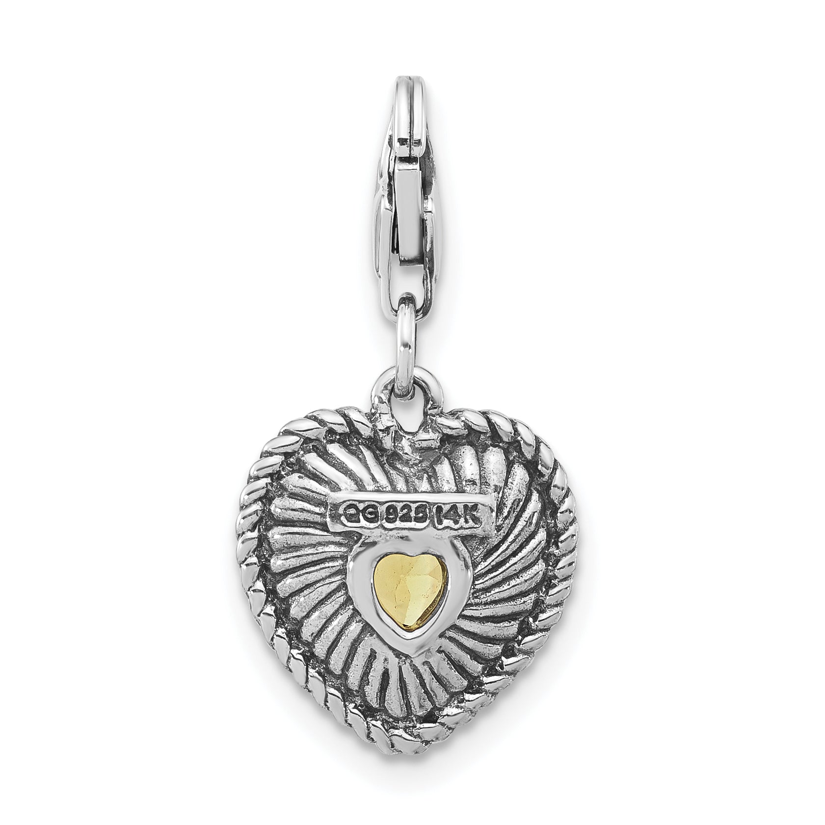 Sterling Silver w/14k Lemon Quartz Antiqued Charm