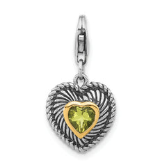 Sterling Silver w/14k Accent Polished & Antiqued Lemon Quartz Heart w/ Lobster Clasp Charm