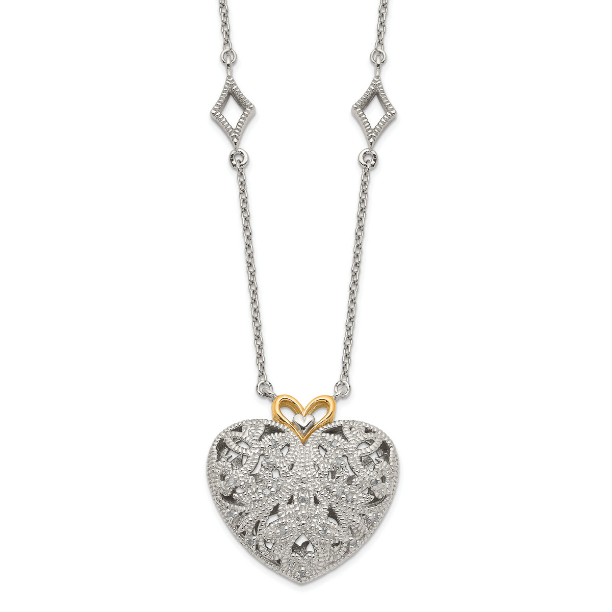 Shey Couture Sterling Silver Rhodium-plated with 14K Accent 18 Inch Diamond Vintage Heart Necklace