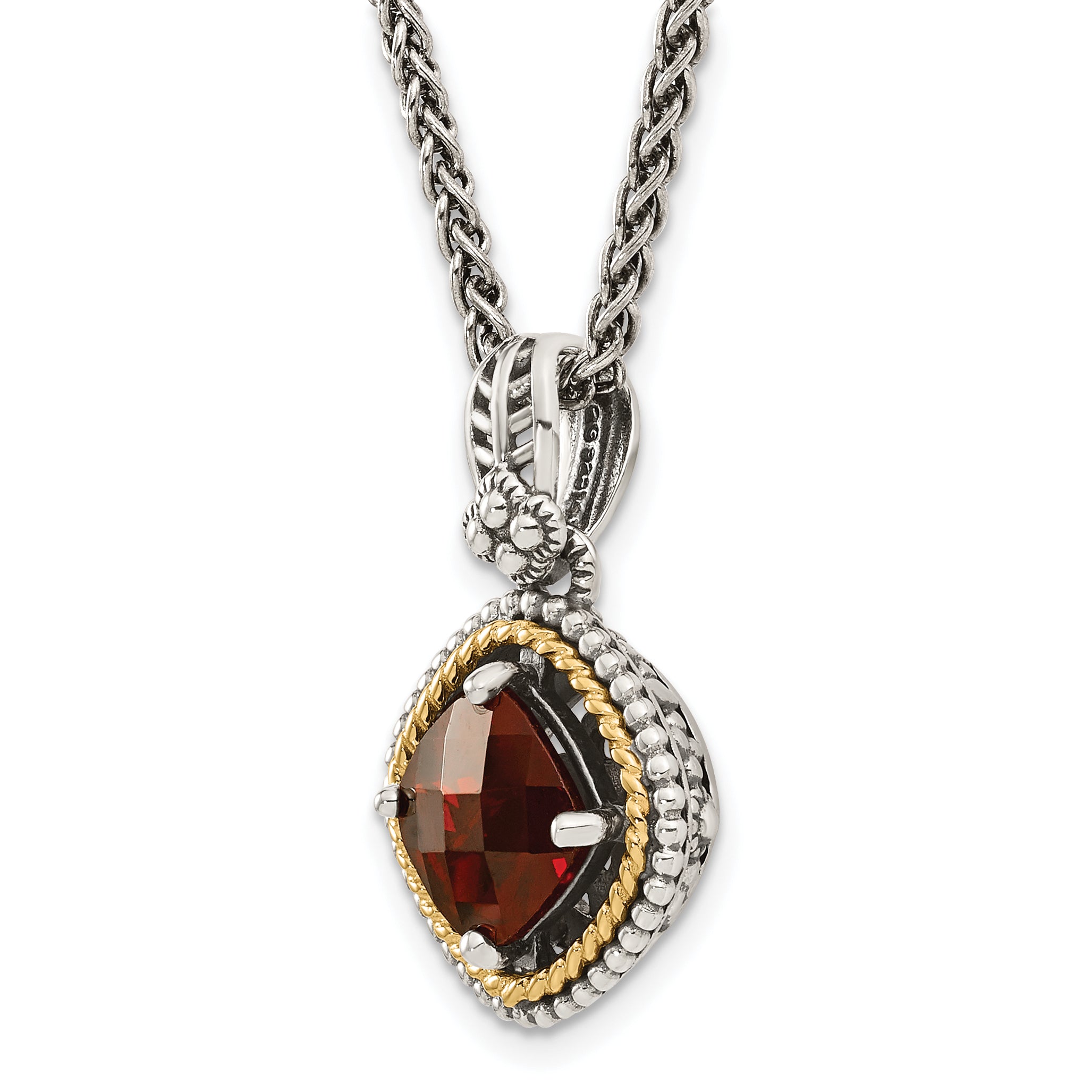 Shey Couture Sterling Silver with 14K Accent 18 Inch Antiqued Checkerboard Cushion Garnet Necklace