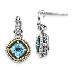 Shey Couture Sterling Silver with 14K Accent Antiqued Cushion Swiss Blue Topaz Post Dangle Earrings