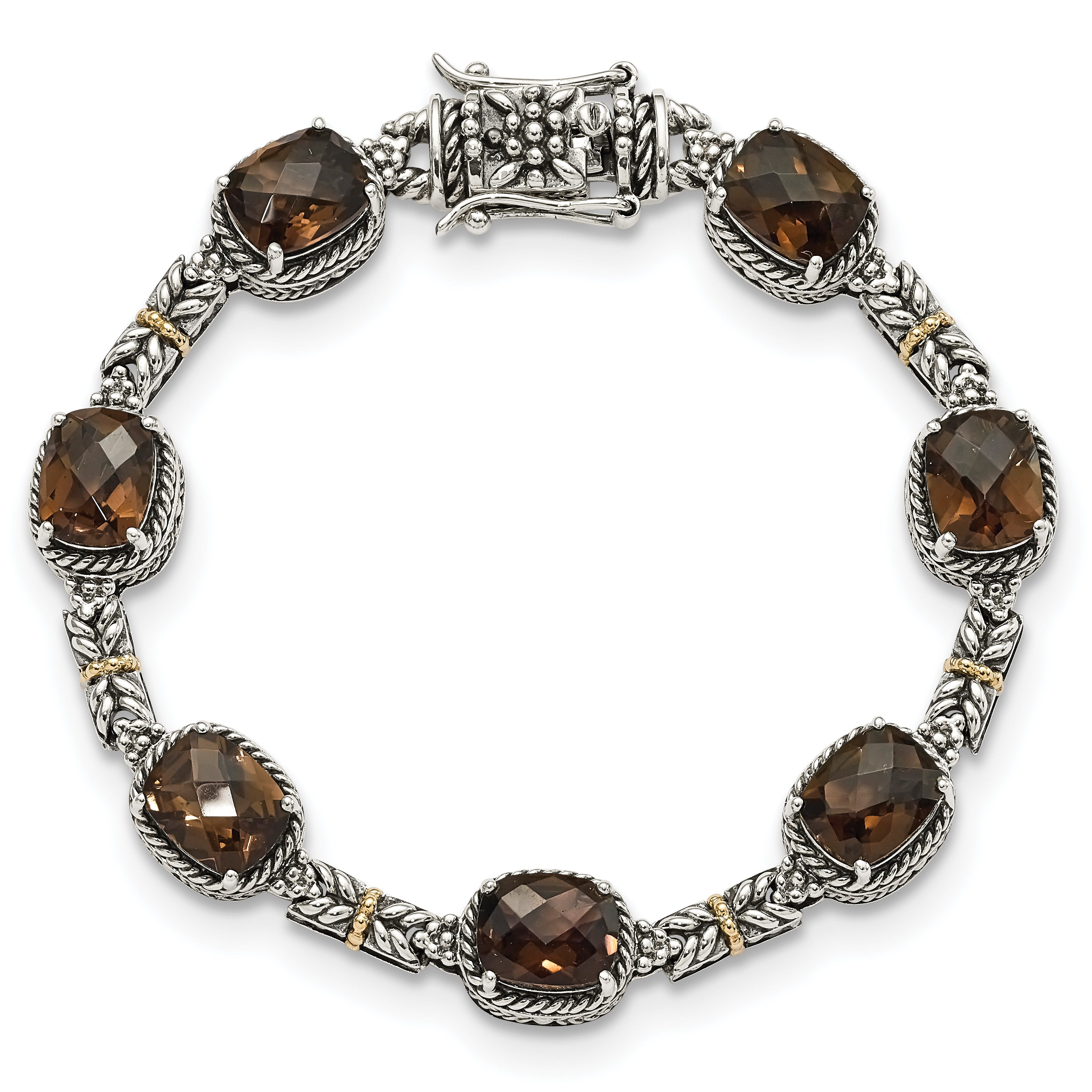 Shey Couture Sterling Silver with 14K Accent 7.75 Inch Antiqued Cushion Smoky Quartz Bracelet